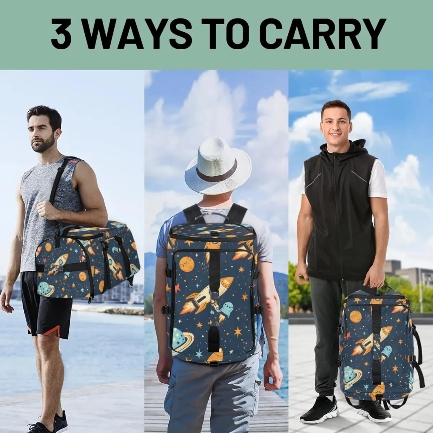 Tactical Sports Duffle Bag for Travel Waterproof Gym Bag with Shoe Compartment 48L Carry On Luggage for Men & Women 3-in-1 Durable Travel Luggage Galaxy Spaceship Space