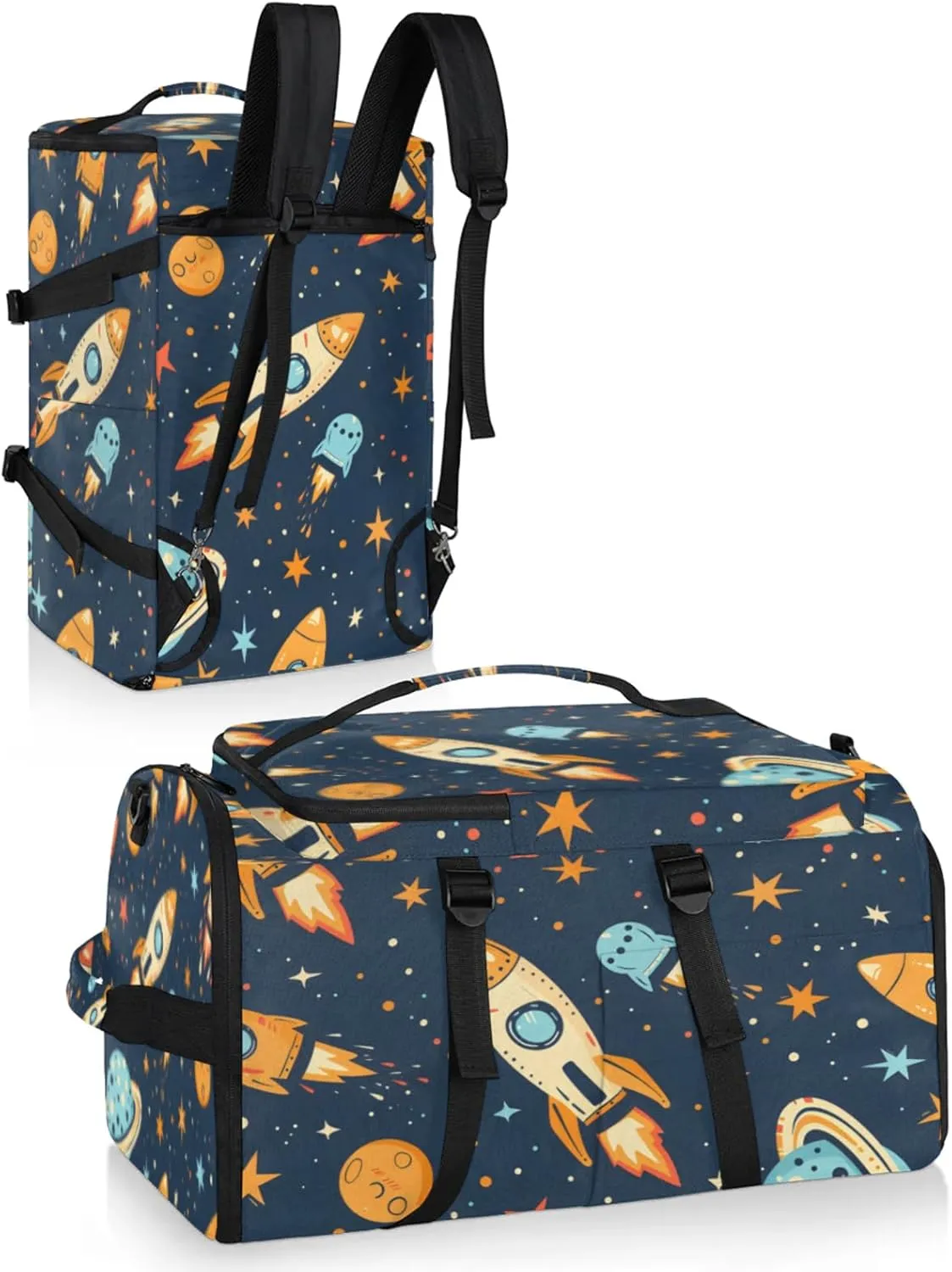 Tactical Sports Duffle Bag for Travel Waterproof Gym Bag with Shoe Compartment 48L Carry On Luggage for Men & Women 3-in-1 Durable Travel Luggage Galaxy Spaceship Space