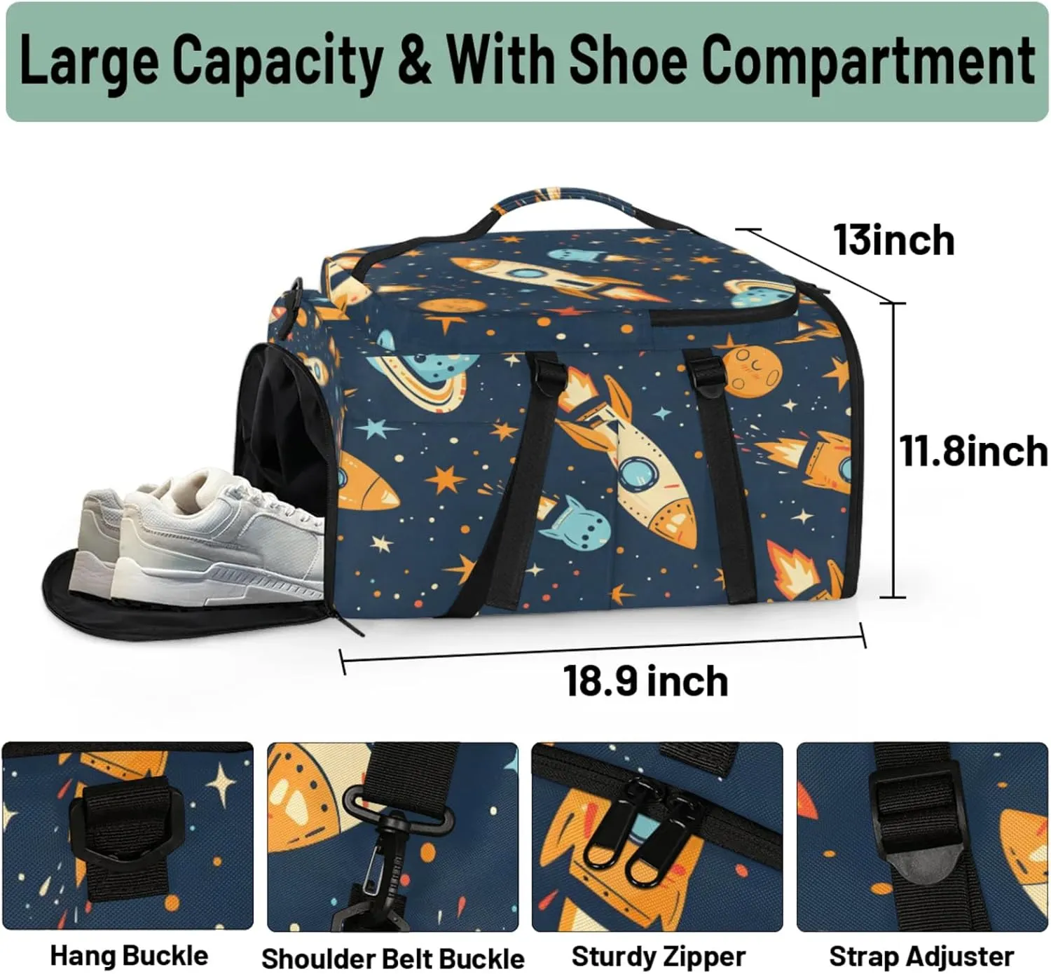 Tactical Sports Duffle Bag for Travel Waterproof Gym Bag with Shoe Compartment 48L Carry On Luggage for Men & Women 3-in-1 Durable Travel Luggage Galaxy Spaceship Space