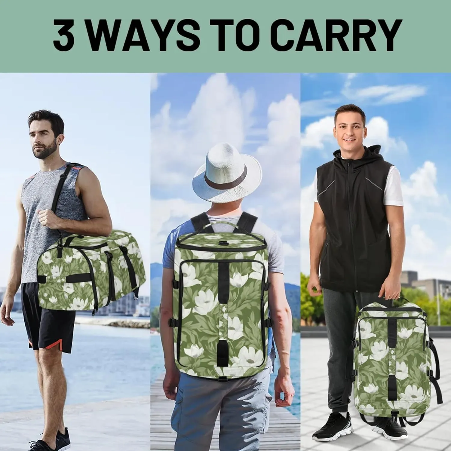 Tactical Sports Duffle Bag for Travel Waterproof Gym Bag with Shoe Compartment 48L Carry On Luggage for Men & Women 3-in-1 Durable Travel Luggage Leaves White Flowers