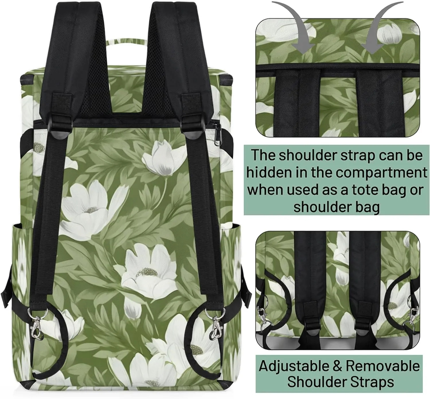 Tactical Sports Duffle Bag for Travel Waterproof Gym Bag with Shoe Compartment 48L Carry On Luggage for Men & Women 3-in-1 Durable Travel Luggage Leaves White Flowers