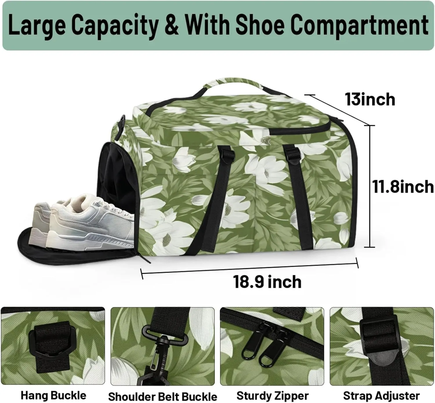 Tactical Sports Duffle Bag for Travel Waterproof Gym Bag with Shoe Compartment 48L Carry On Luggage for Men & Women 3-in-1 Durable Travel Luggage Leaves White Flowers
