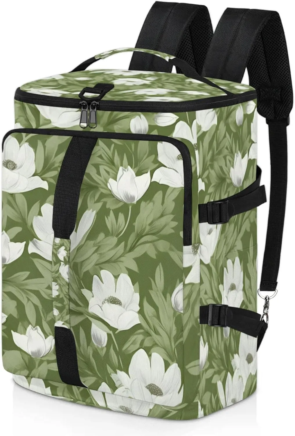 Tactical Sports Duffle Bag for Travel Waterproof Gym Bag with Shoe Compartment 48L Carry On Luggage for Men & Women 3-in-1 Durable Travel Luggage Leaves White Flowers