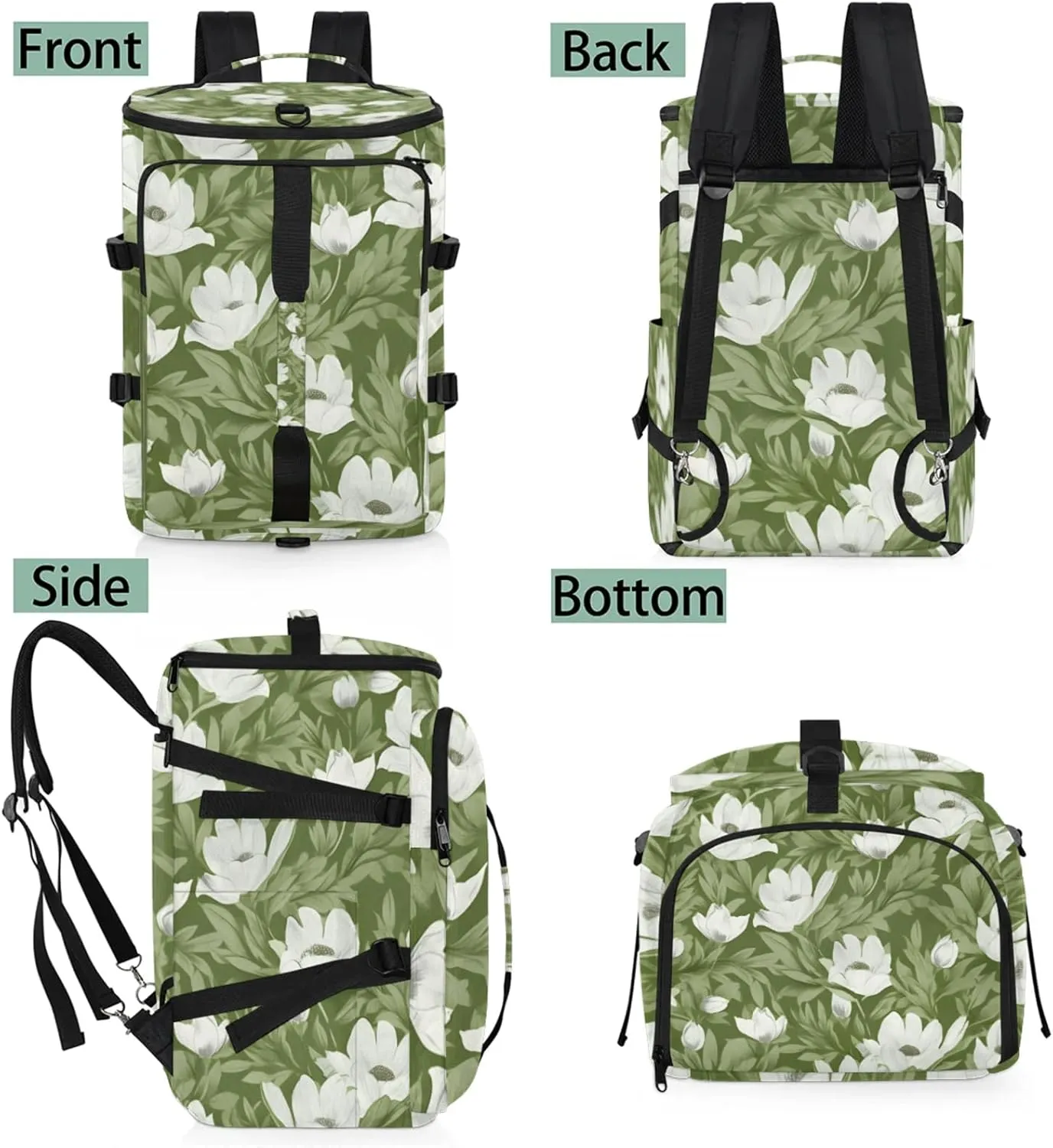 Tactical Sports Duffle Bag for Travel Waterproof Gym Bag with Shoe Compartment 48L Carry On Luggage for Men & Women 3-in-1 Durable Travel Luggage Leaves White Flowers