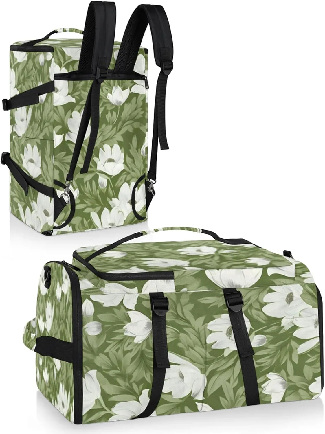 Tactical Sports Duffle Bag for Travel Waterproof Gym Bag with Shoe Compartment 48L Carry On Luggage for Men & Women 3-in-1 Durable Travel Luggage Leaves White Flowers