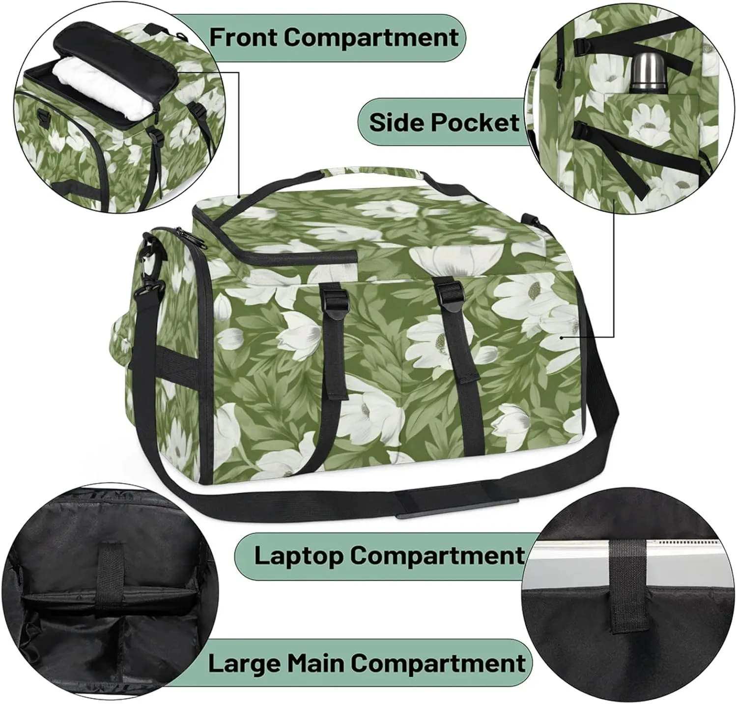 Tactical Sports Duffle Bag for Travel Waterproof Gym Bag with Shoe Compartment 48L Carry On Luggage for Men & Women 3-in-1 Durable Travel Luggage Leaves White Flowers