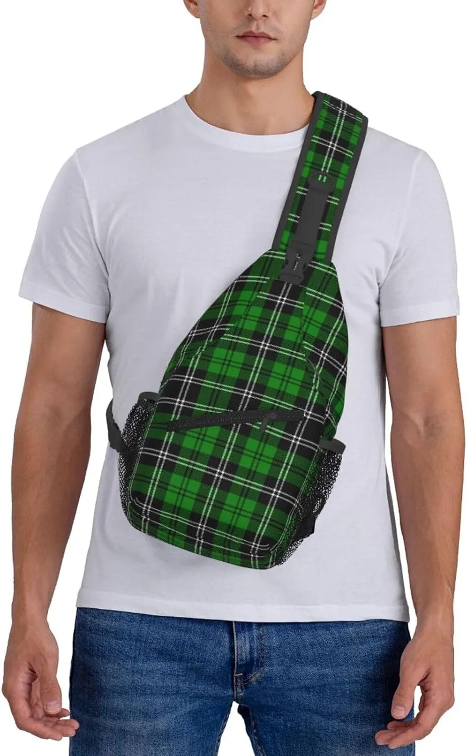 Tartan Plaid Scottish Green Cage Sling Bag Adjustable Crossbody Bag Casual Chest Bags Travel Shoulder Backpack