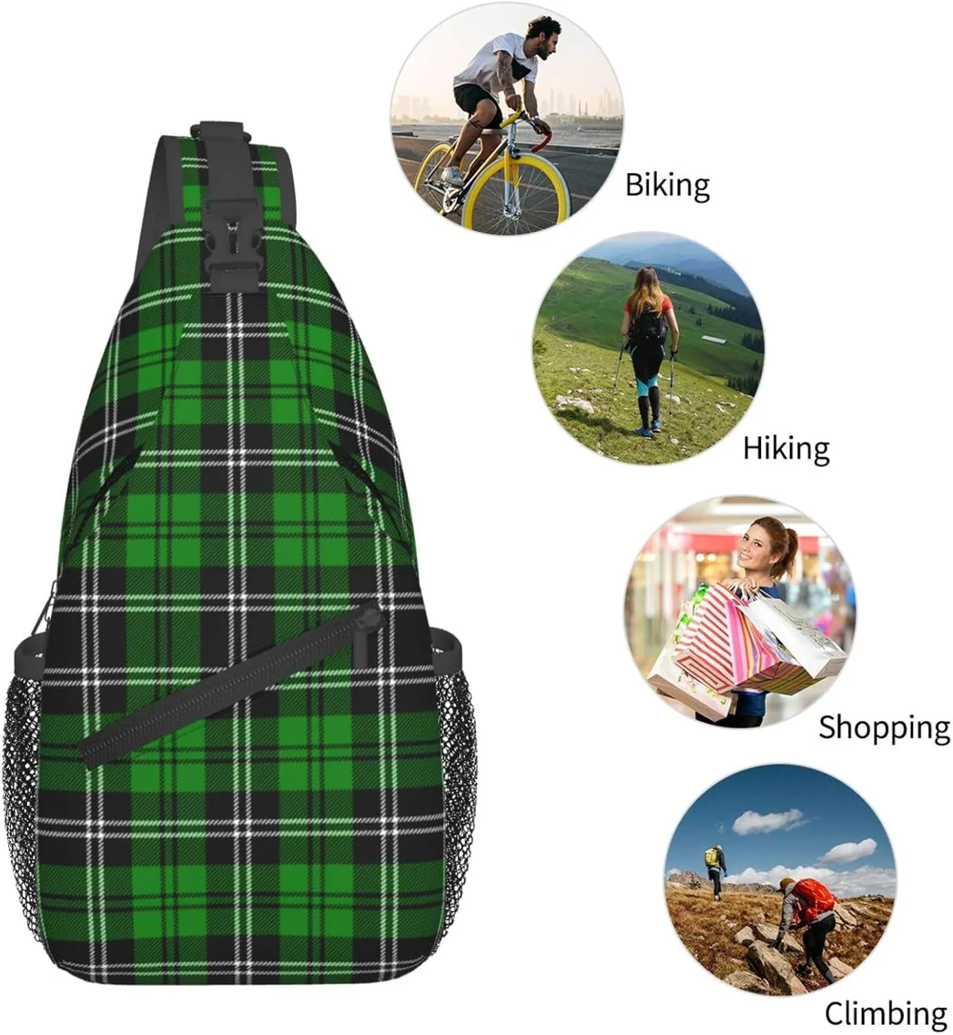 Tartan Plaid Scottish Green Cage Sling Bag Adjustable Crossbody Bag Casual Chest Bags Travel Shoulder Backpack