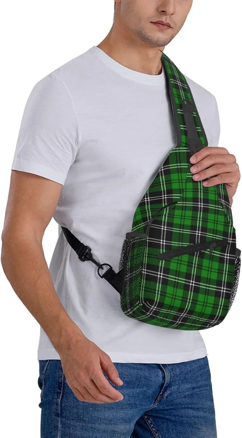 Tartan Plaid Scottish Green Cage Sling Bag Adjustable Crossbody Bag Casual Chest Bags Travel Shoulder Backpack