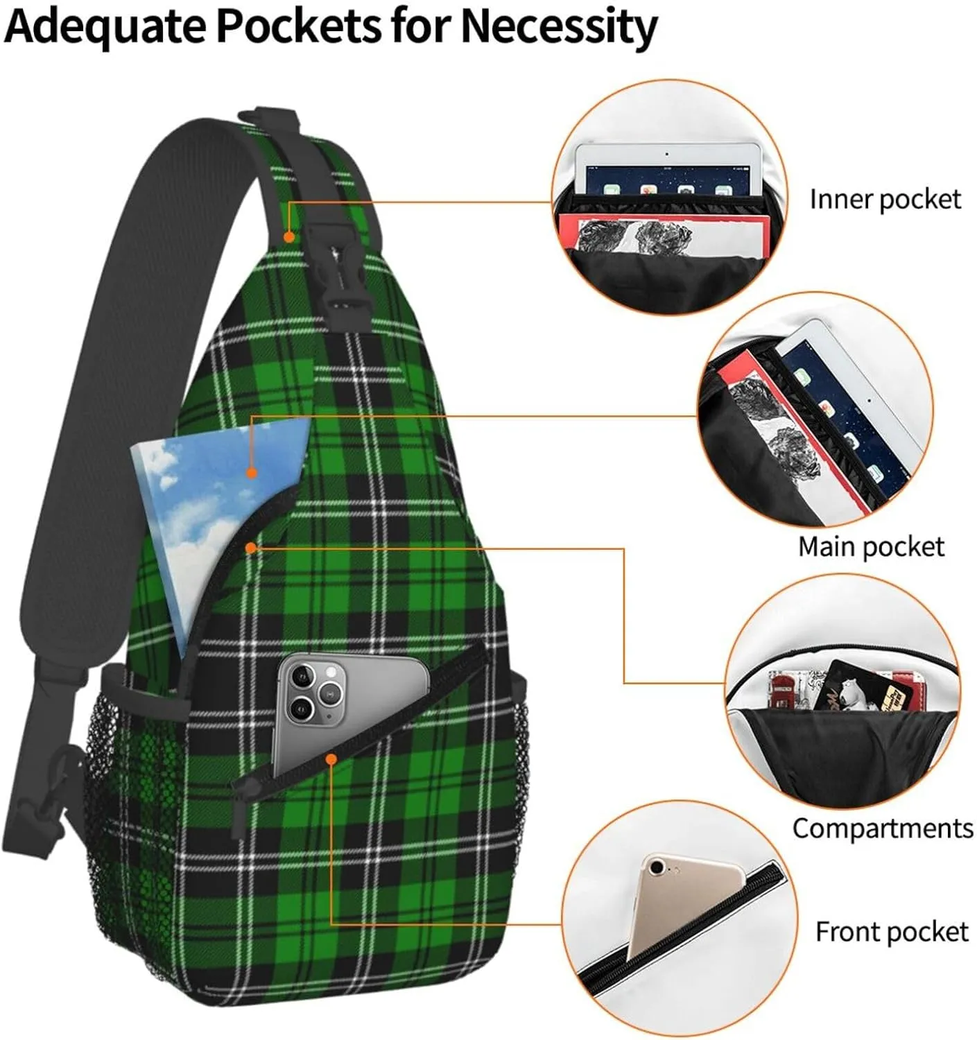 Tartan Plaid Scottish Green Cage Sling Bag Adjustable Crossbody Bag Casual Chest Bags Travel Shoulder Backpack
