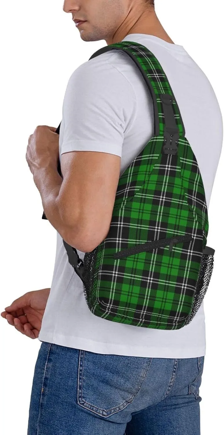 Tartan Plaid Scottish Green Cage Sling Bag Adjustable Crossbody Bag Casual Chest Bags Travel Shoulder Backpack