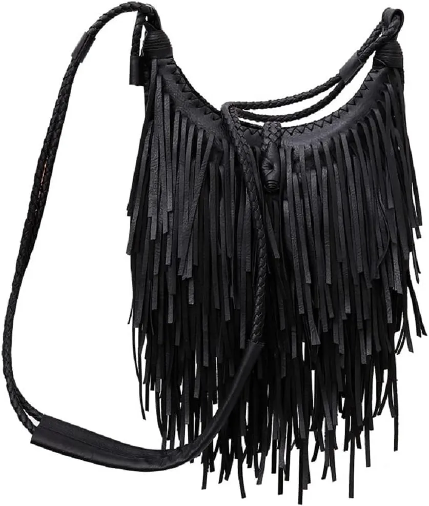 Tassle Shoulder Bags for Women PU Leather Handbag Bohemia Satchel Zipper Crossbody Bag Purse Black