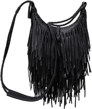 Tassle Shoulder Bags for Women PU Leather Handbag Bohemia Satchel Zipper Crossbody Bag Purse Black