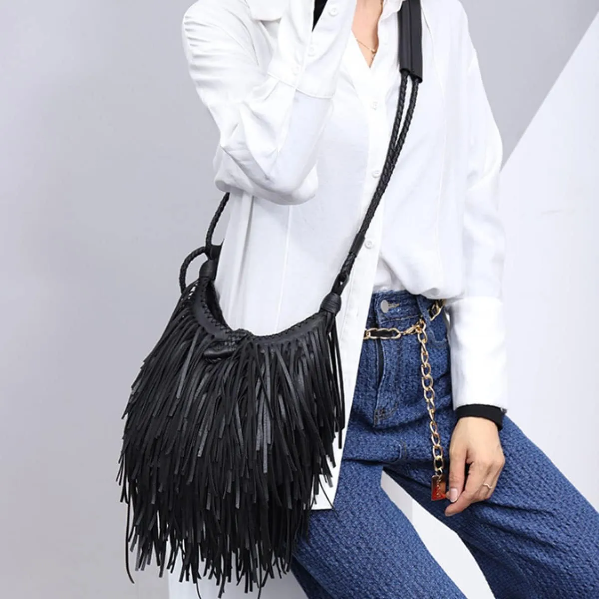 Tassle Shoulder Bags for Women PU Leather Handbag Bohemia Satchel Zipper Crossbody Bag Purse Black