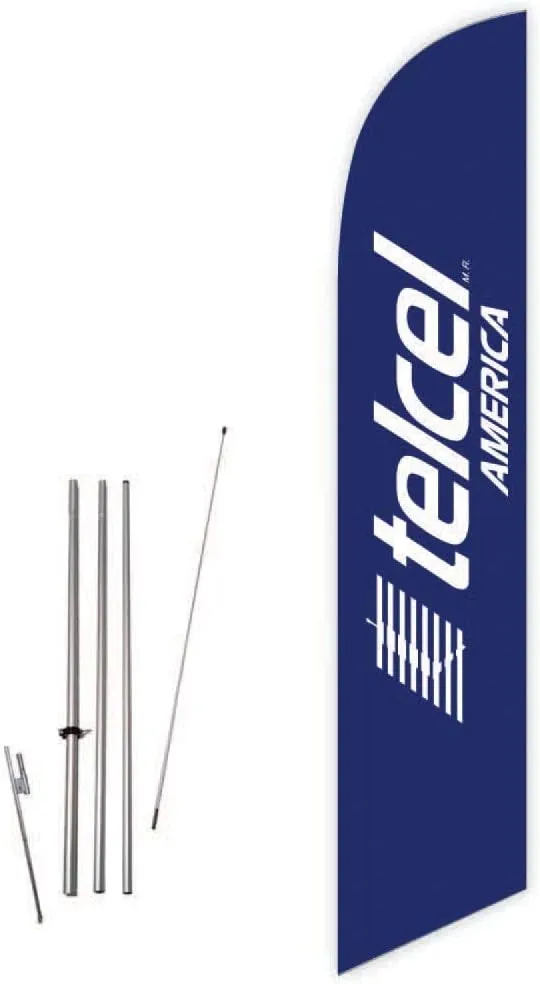 Telcel America (Blue) Feather Flag with Complete 15ft Pole kit and Ground Spike