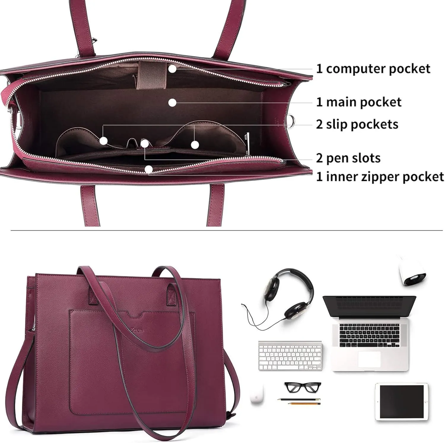 Telena Laptop Tote Bag for Women, 15.6 Inch Shoulder Tote Bag Leather Briefcase for Women, Large Capacity Handbag Bags