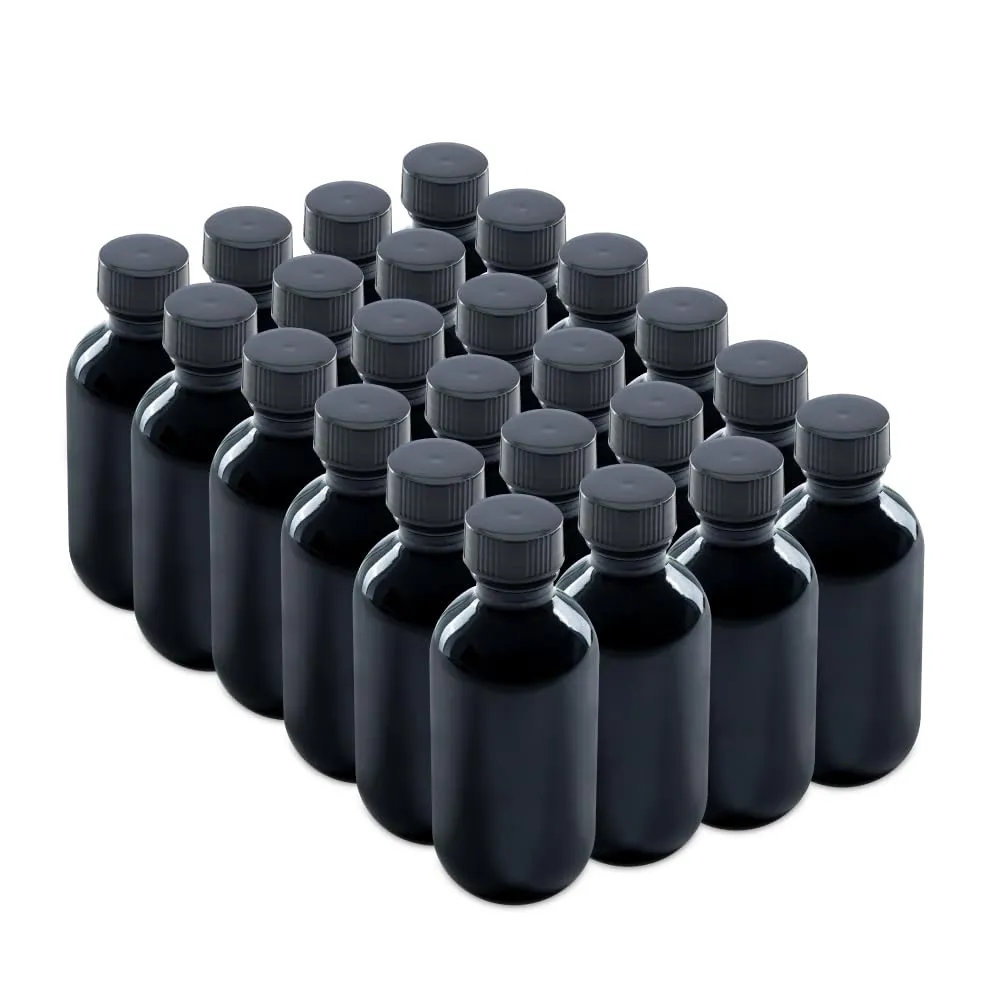 The Bottle Depot - 24 Pack - 2 oz Glass Bottle With Cap - Black UV - 20-400 Neck Finish - Boston Round Bottles - UV Rays Protection