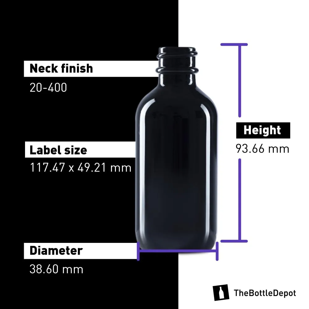 The Bottle Depot - 24 Pack - 2 oz Glass Bottle With Cap - Black UV - 20-400 Neck Finish - Boston Round Bottles - UV Rays Protection