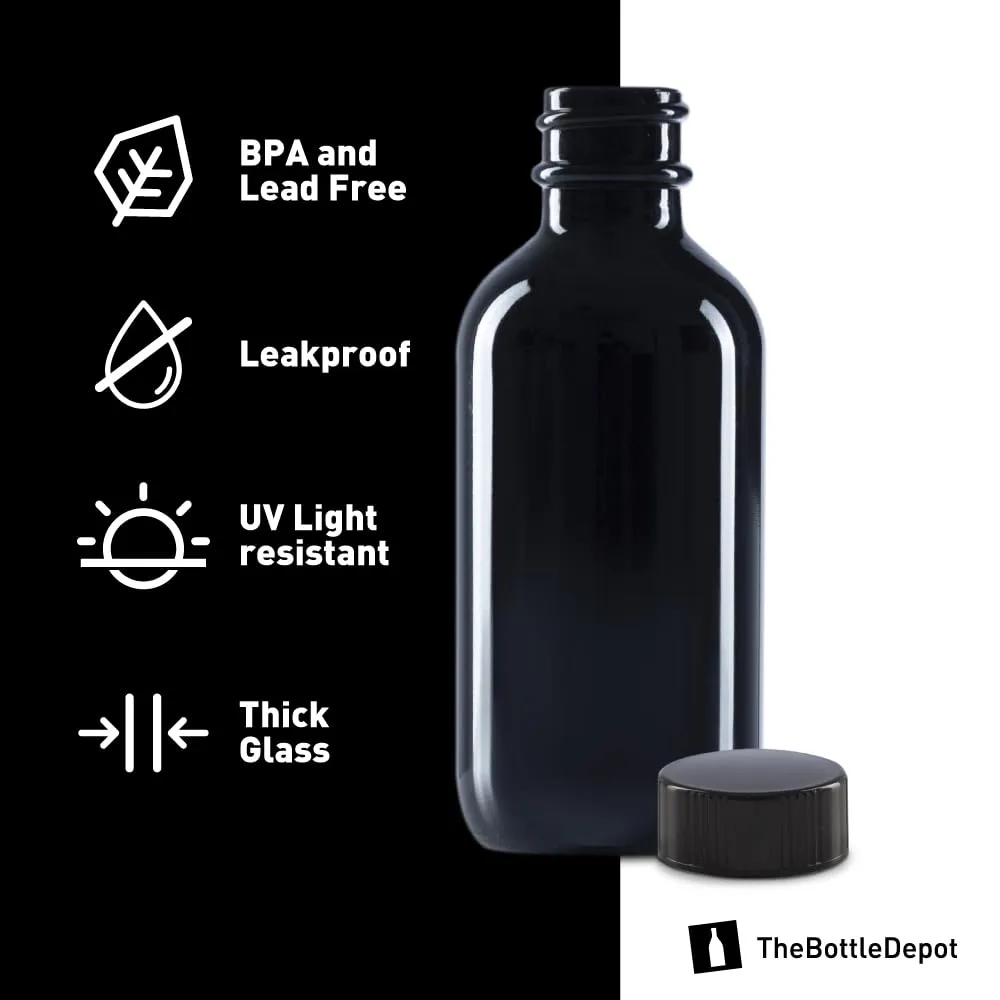 The Bottle Depot - 24 Pack - 2 oz Glass Bottle With Cap - Black UV - 20-400 Neck Finish - Boston Round Bottles - UV Rays Protection