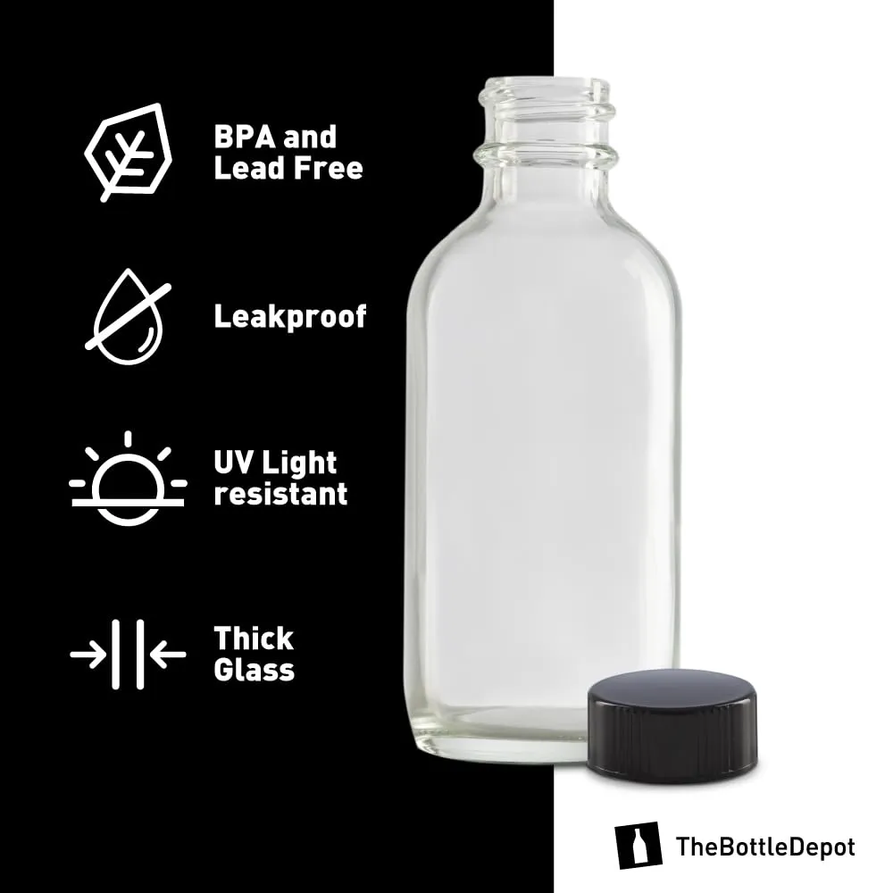 The Bottle Depot - 24 Pack - 2 oz Glass Bottle With Cap - Clear - 20-400 Neck Finish - Boston Round Bottles - UV Rays Protection
