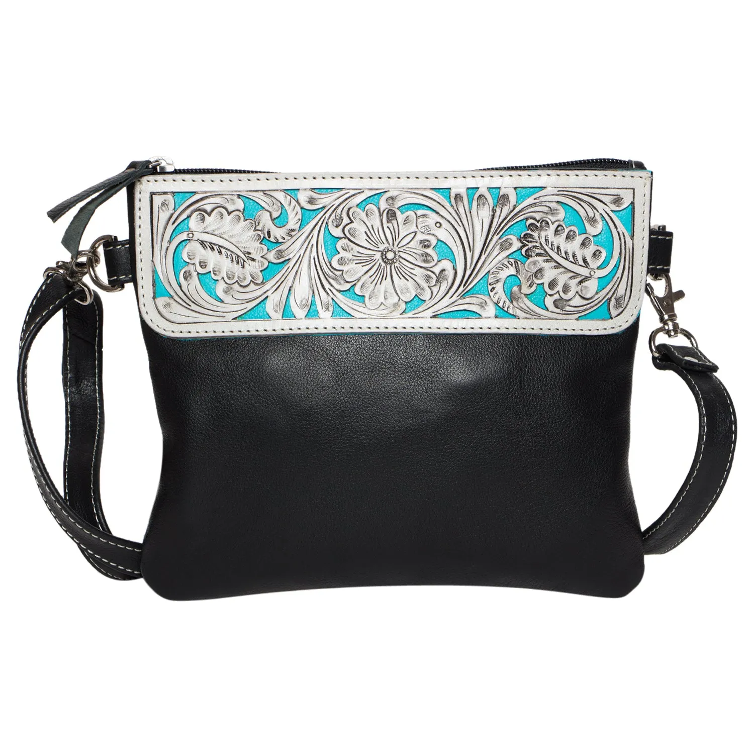 The Design Edge Tooling Leather Carved Clutch Bag with Turquoise Base - Renovation Sale