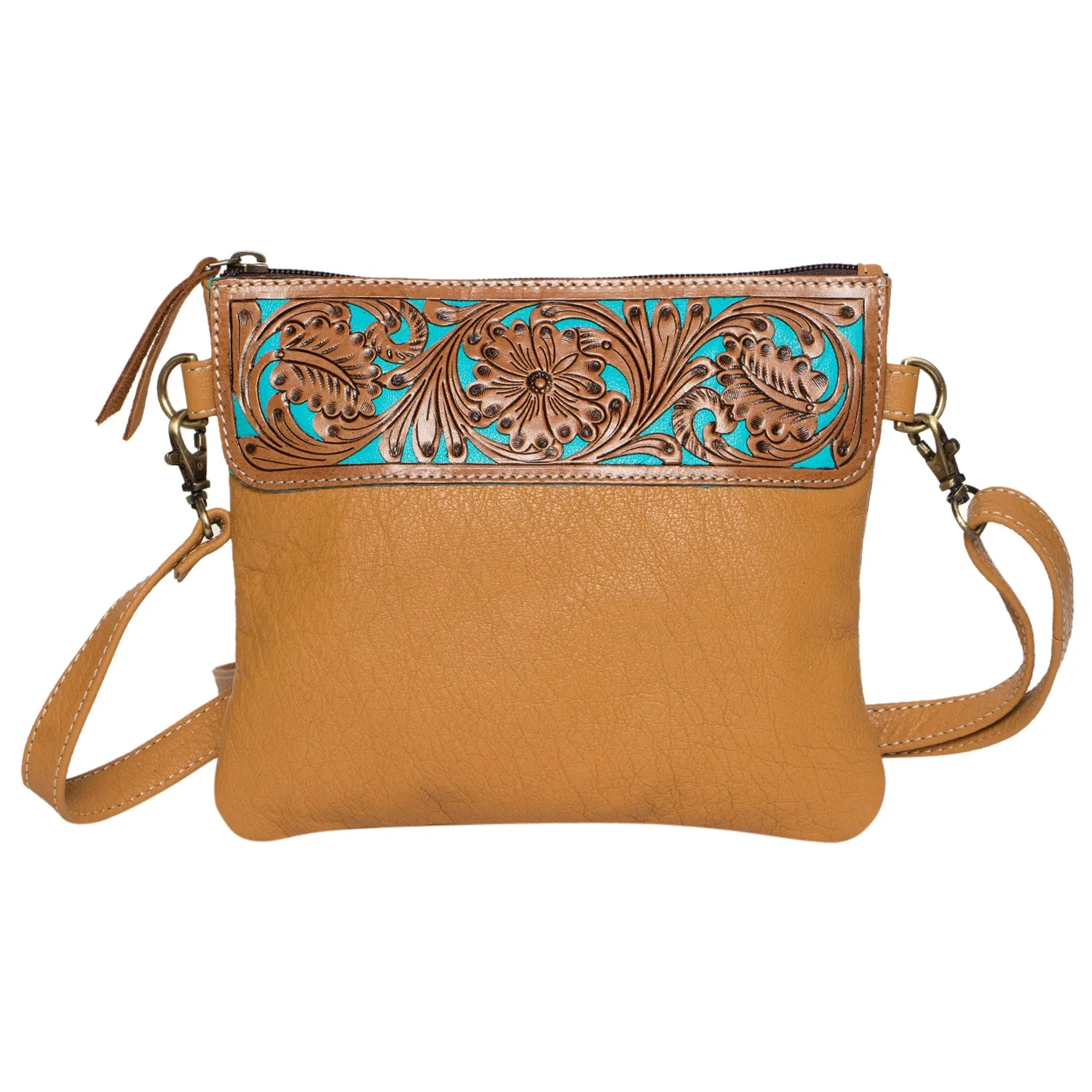 The Design Edge Tooling Leather Carved Clutch Bag with Turquoise Base - Renovation Sale