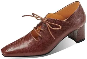 TinaCus Women's Genuine Leather Handmade Square Toe Lace Up Hollow Out Chunky Heel Pumps Shoes