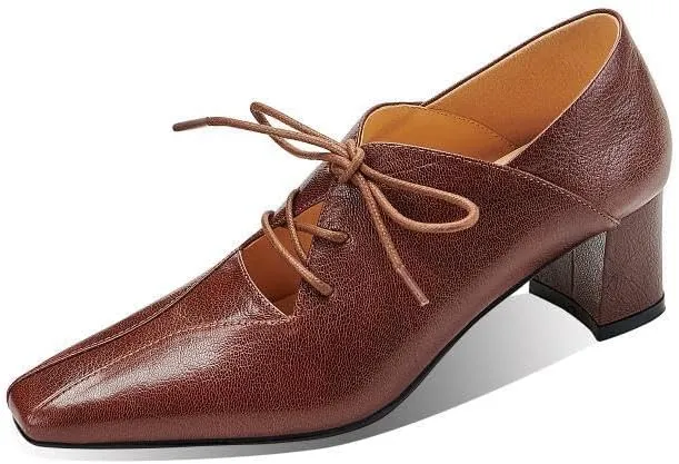 TinaCus Women's Genuine Leather Handmade Square Toe Lace Up Hollow Out Chunky Heel Pumps Shoes