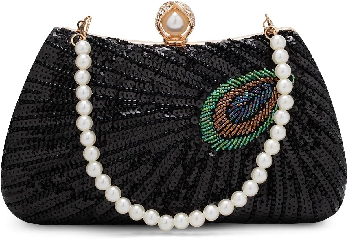 Tmore Beaded Peacock Clutch Purse Pearl Evening Bag Detachable Chain Sparkly Handbags for Wedding Prom Party