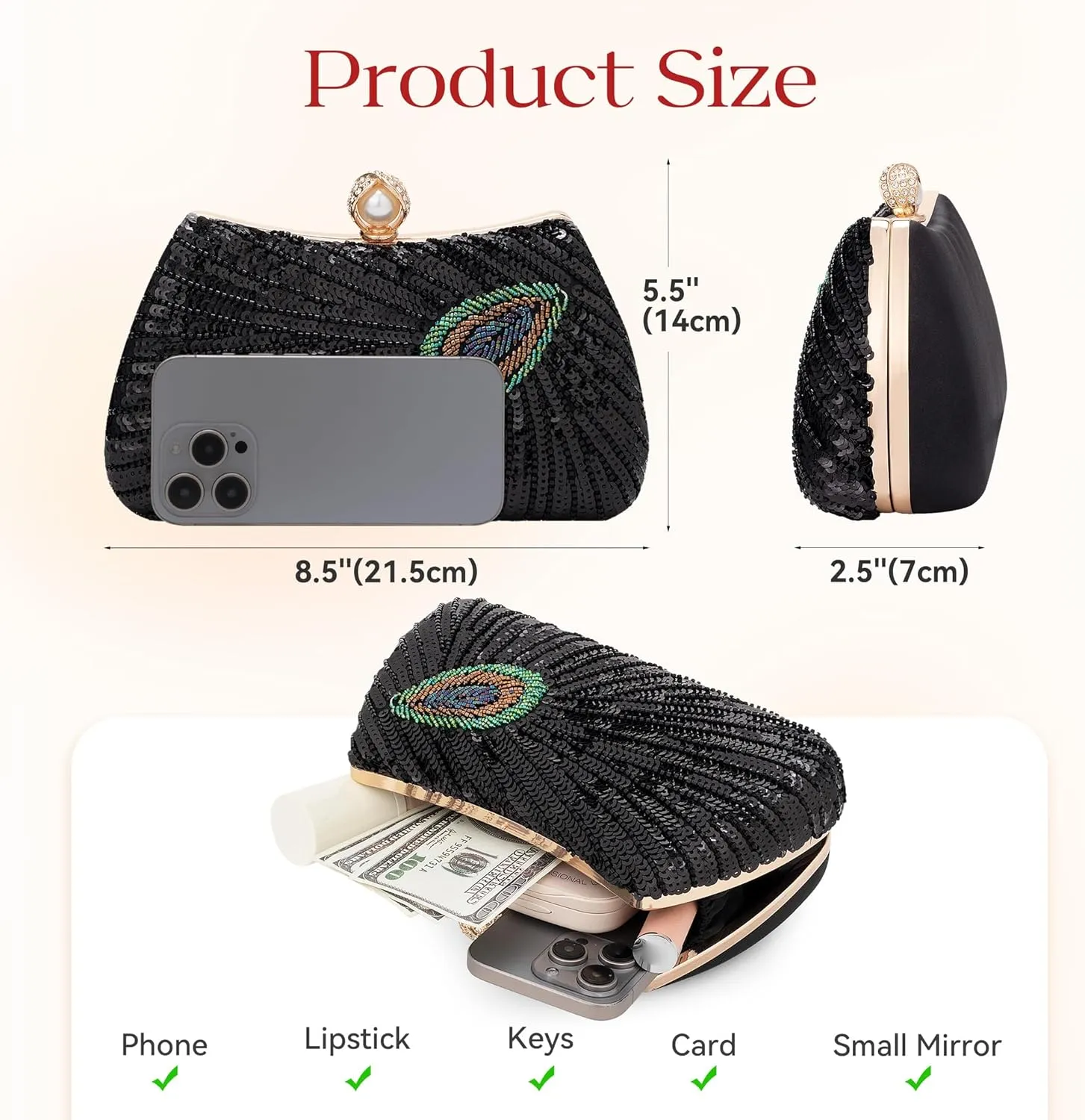 Tmore Beaded Peacock Clutch Purse Pearl Evening Bag Detachable Chain Sparkly Handbags for Wedding Prom Party