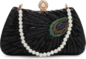 Tmore Beaded Peacock Clutch Purse Pearl Evening Bag Detachable Chain Sparkly Handbags for Wedding Prom Party