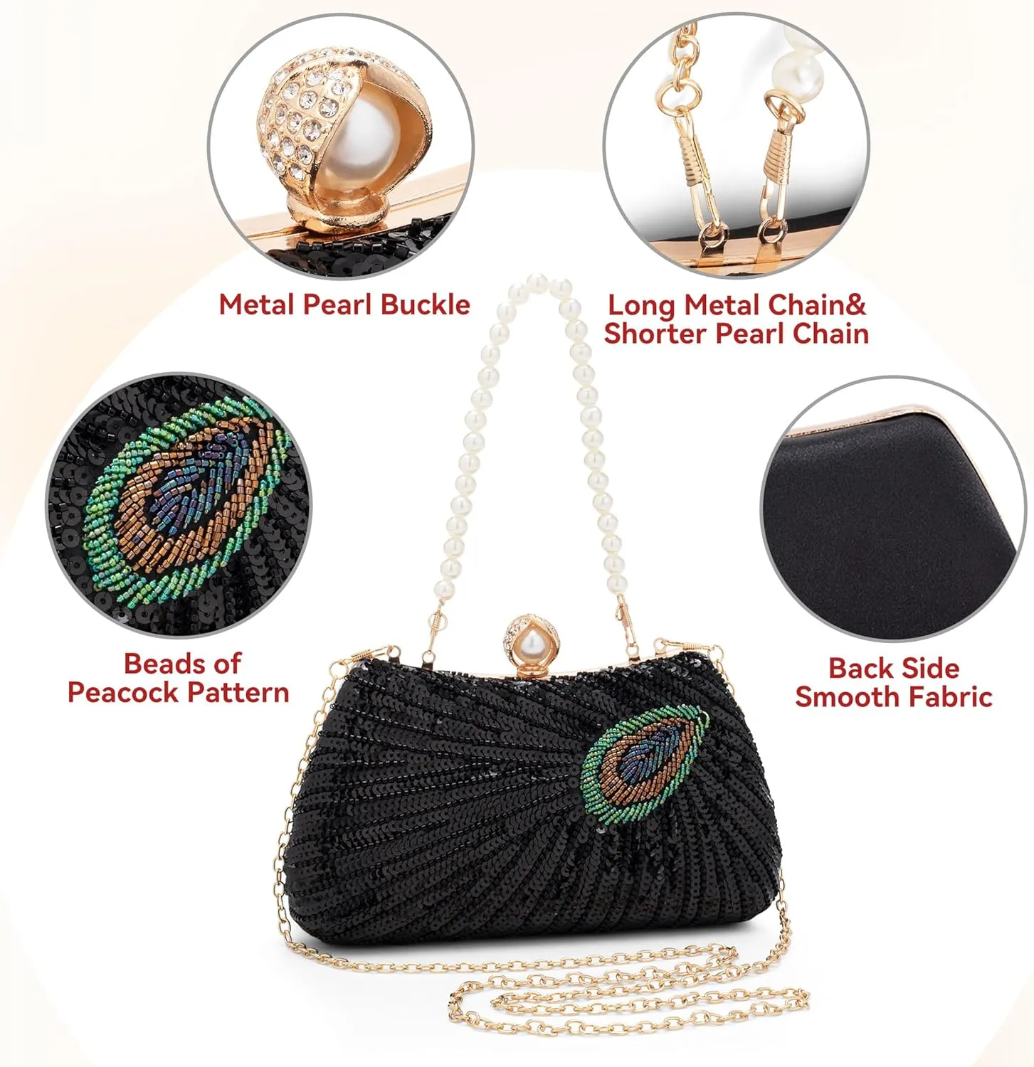 Tmore Beaded Peacock Clutch Purse Pearl Evening Bag Detachable Chain Sparkly Handbags for Wedding Prom Party