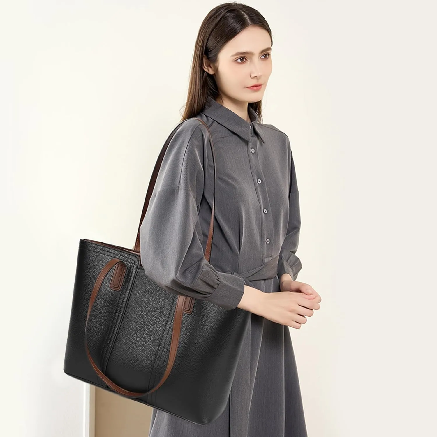 Tote Bag for Women Genuine Leather Shoulder Bags Black Top handbag for Travel Shopping Carry Multipurpose