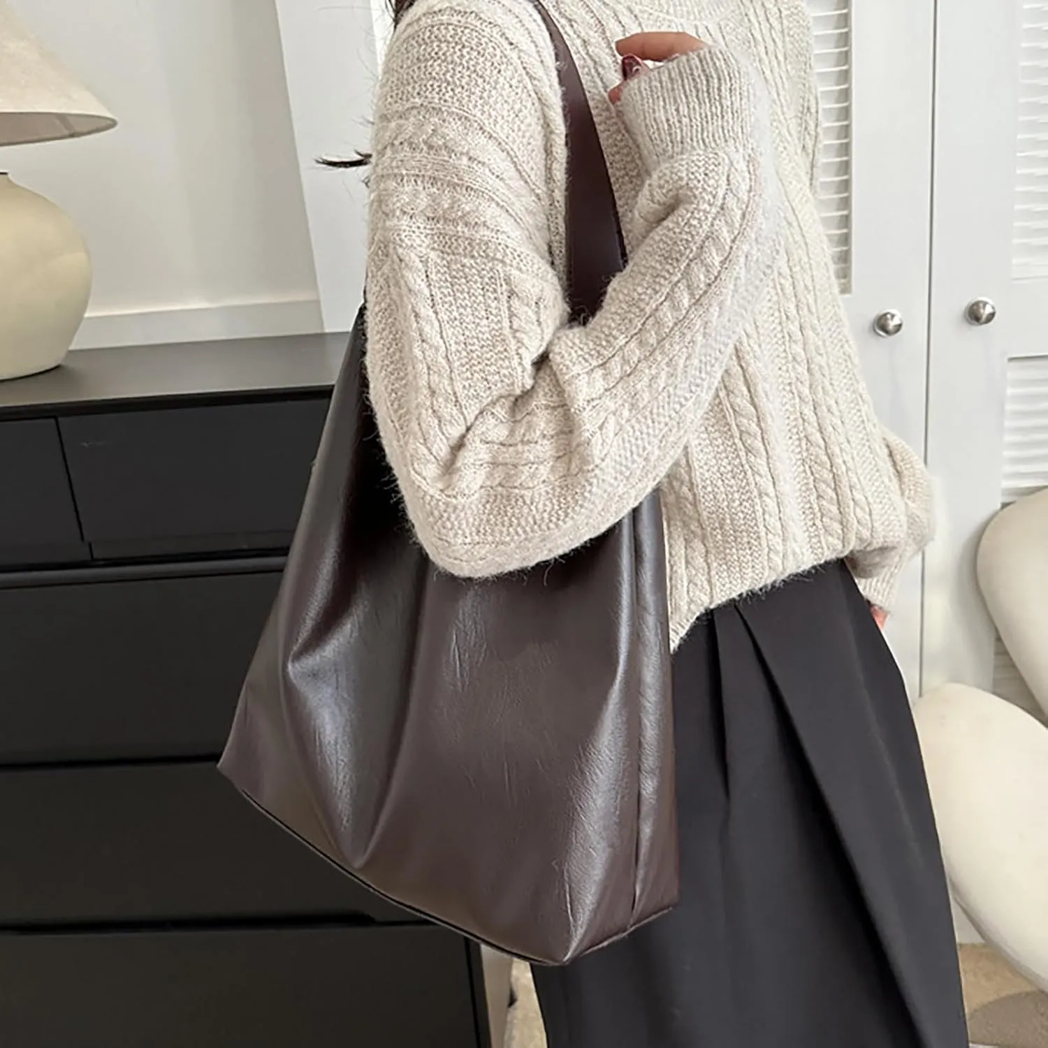 Tote Bags for Women Suede & Leather Hobo Shoulder Bag Fall Ladies Handbags Large Capacity Slouch Bag with Purses Bag