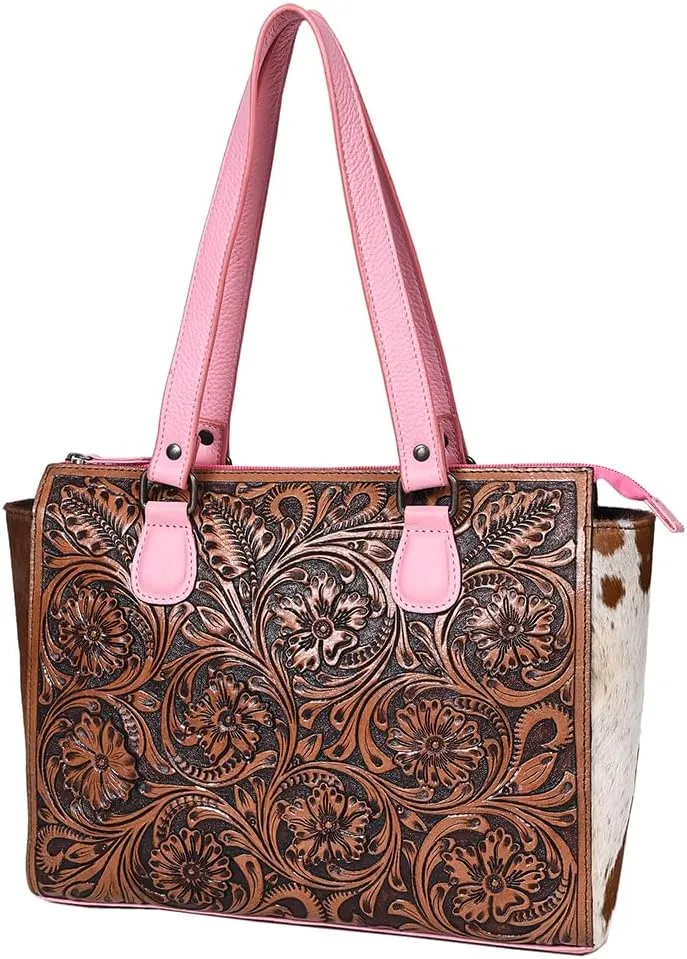 Tote Hand Tooled Hair-On Genuine Leather Women Bag Western Handbag Purse
