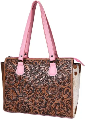 Tote Hand Tooled Hair-On Genuine Leather Women Bag Western Handbag Purse