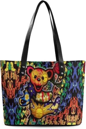 Tote Handbags for Women Handle Ladies Vegan Leather Texture Shoulder Bags Funny Grateful Dancing Dead Bears Rose Patterns Fashion Colorful