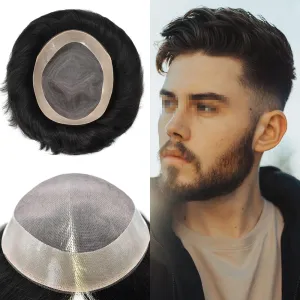 Toupee For Men Fine Mono Lace Mens Toupee Men Hair Replacement Systems Human Hair Piece For Men Durable NPU Monofilament Hair Wig 8"X10"#1B Off Black