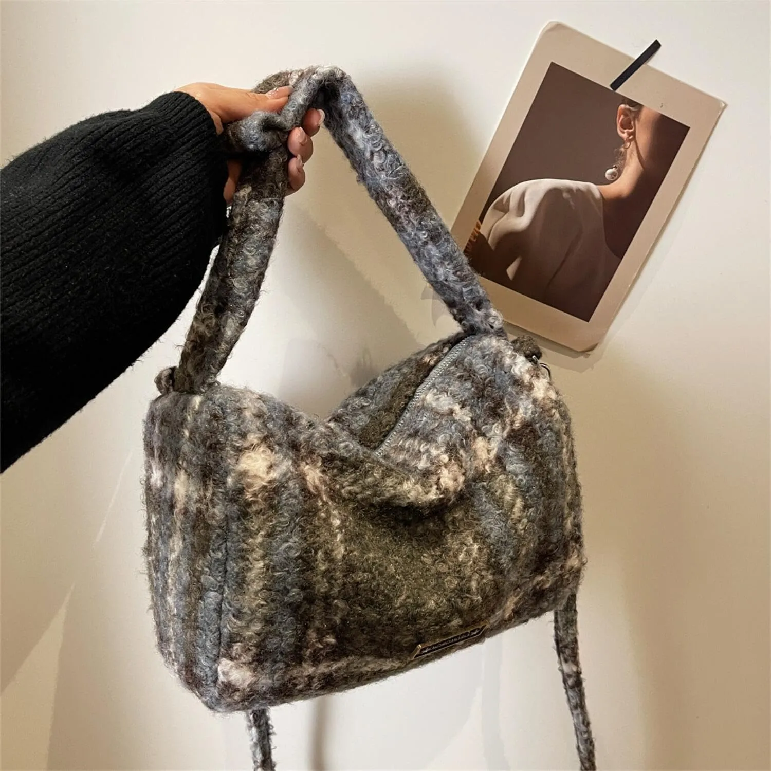 Trendy Plaid Purses and Handbags for Women Woolen Shoulder Crossbody Boston Bags