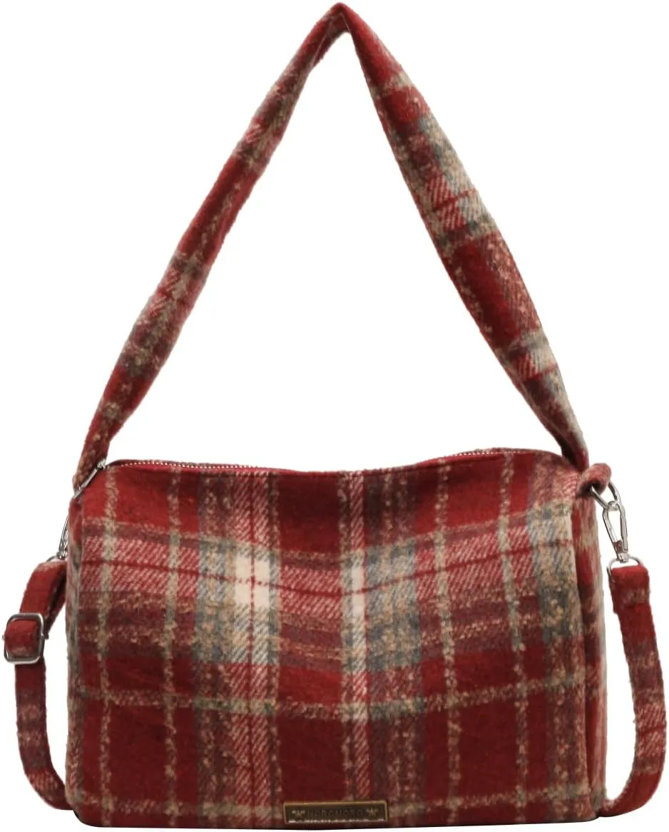 Trendy Plaid Purses and Handbags for Women Woolen Shoulder Crossbody Boston Bags
