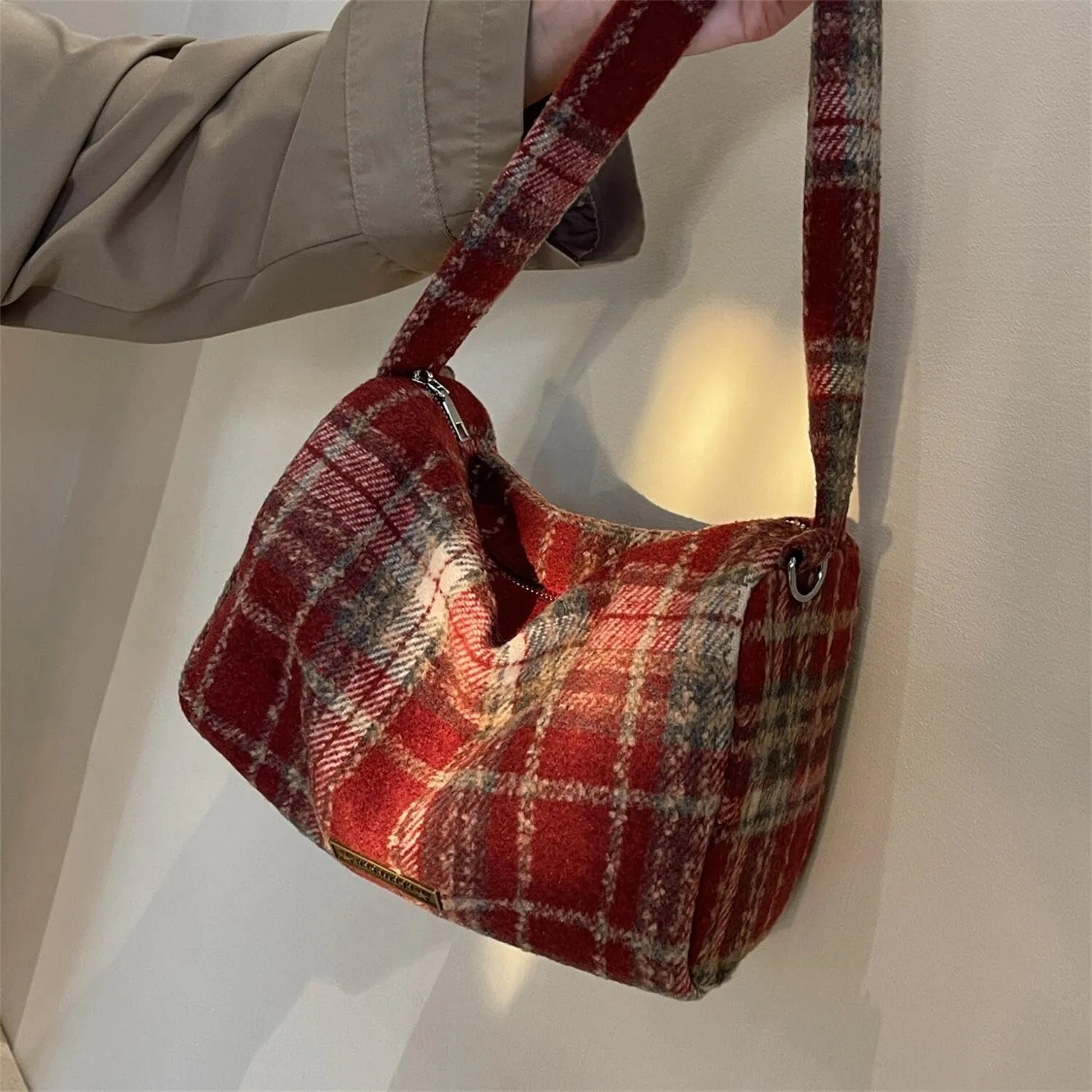 Trendy Plaid Purses and Handbags for Women Woolen Shoulder Crossbody Boston Bags