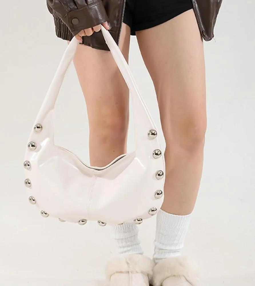 Trendy Studded Shoulder Bag For Women Vegan Leather Underarm Purse Y2K Womens Crescent Handbag Designer Punk Purse 2025