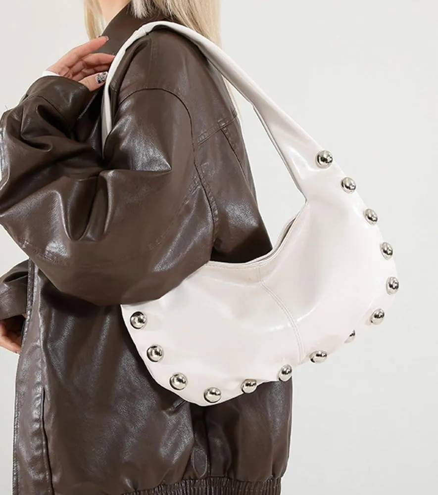 Trendy Studded Shoulder Bag For Women Vegan Leather Underarm Purse Y2K Womens Crescent Handbag Designer Punk Purse 2025