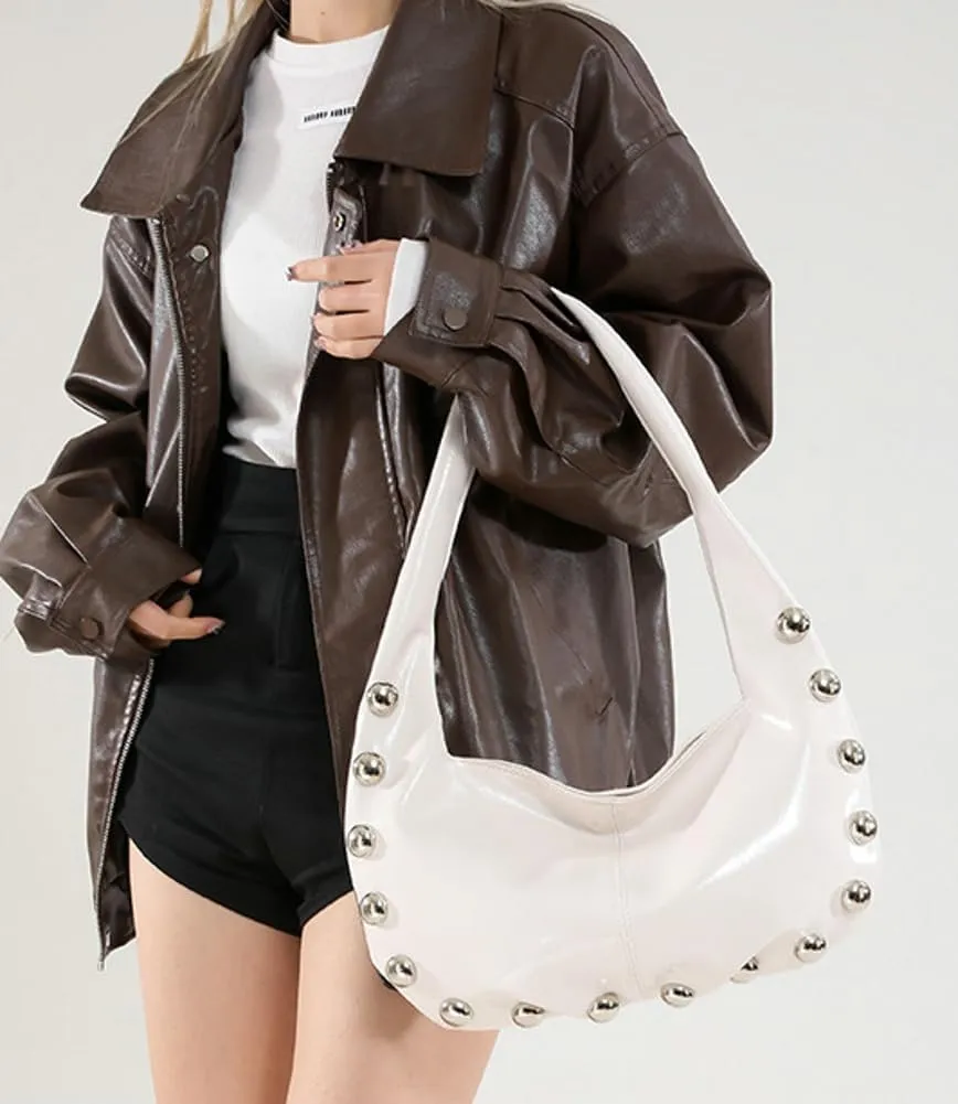 Trendy Studded Shoulder Bag For Women Vegan Leather Underarm Purse Y2K Womens Crescent Handbag Designer Punk Purse 2025