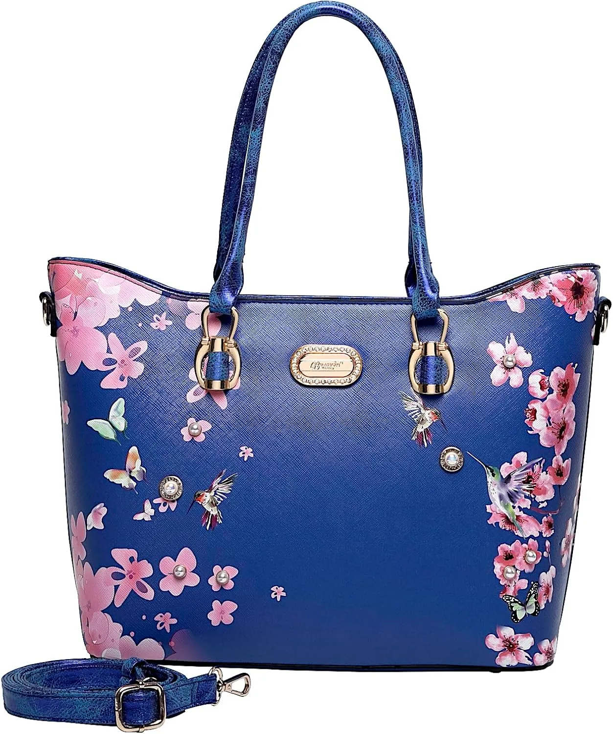Twilight Garden Crystal-Embellished Floral Designer Tote Bag with Adjustable Shoulder Strap