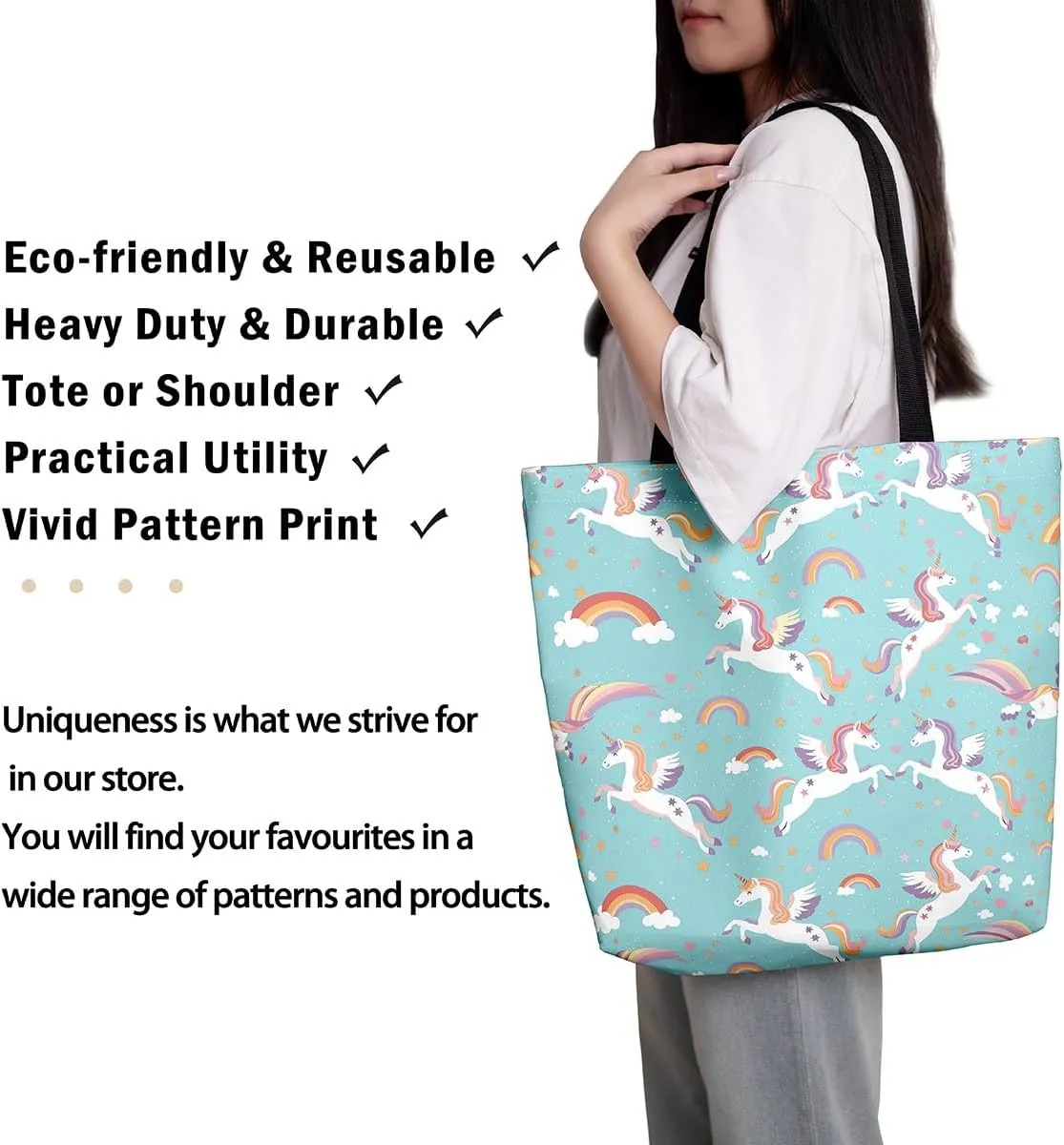 Unicorn Canvas Tote Bag Unicorns Foldable Handbag Cute Rainbow Cartoon Horse Canvas Bag Kawaii Shoulder Bag
