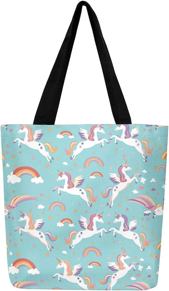 Unicorn Canvas Tote Bag Unicorns Foldable Handbag Cute Rainbow Cartoon Horse Canvas Bag Kawaii Shoulder Bag