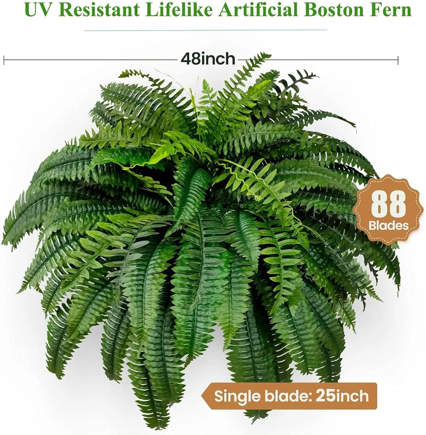 UV Resistant Lifelike Artificial Boston Fern, 2025 New 28/38/60/88 Branches Artificial Ferns, Artificials Ferns for Outdoors Large, Fake Fern for Planters, Office & Home Decor (1, Spring-60-Leaf)