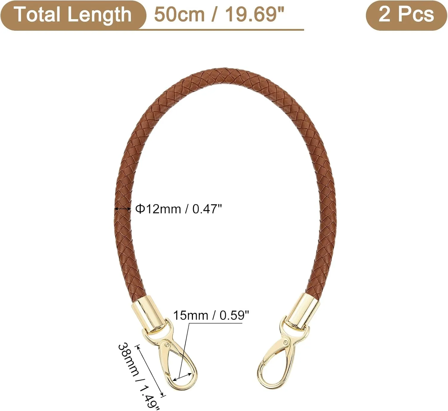 uxcell Leather Purse Strap, 2Pcs 50cm/19.69" Short Leather PU Braided Purse Replacement Handle with Metal Buckles for Underarm Bags, Handbags (Brown Strap   Gold Clasp)