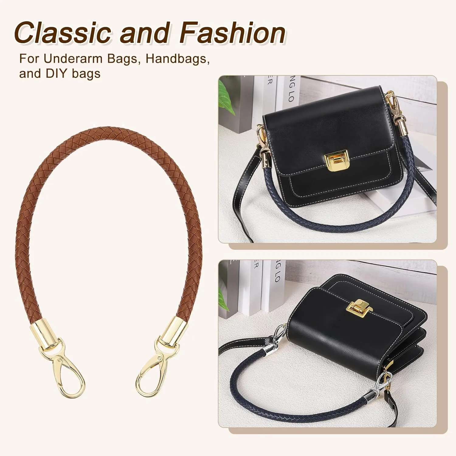 uxcell Leather Purse Strap, 2Pcs 50cm/19.69" Short Leather PU Braided Purse Replacement Handle with Metal Buckles for Underarm Bags, Handbags (Brown Strap   Gold Clasp)